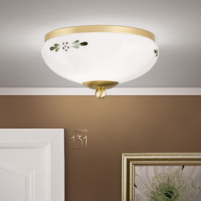 Plafoniera clasica Landhaus Ø21cm alama satin/ sticla opal decor verde