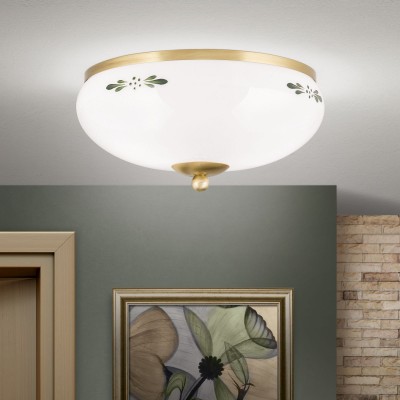 Plafoniera clasica Landhaus Ø28cm alama satin/ sticla opal decor verde