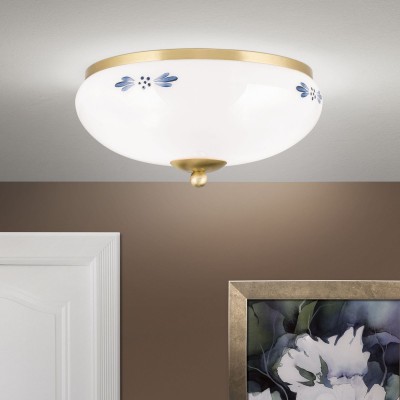 Plafoniera clasica Landhaus Ø28cm alama satin/ sticla opal decor albastru