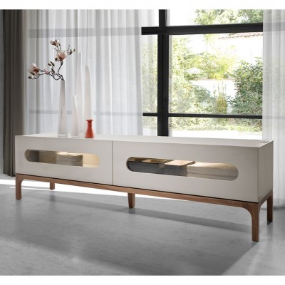 Comoda TV design modern cu iluminare interioara Gray and Walnut