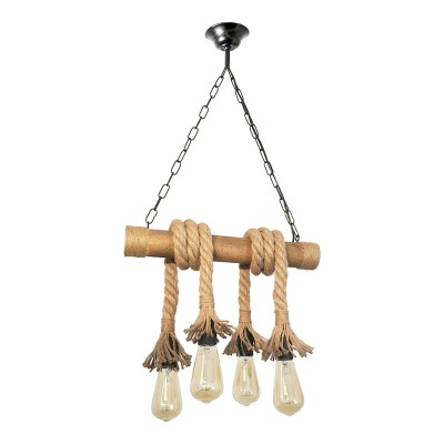 Lustra rustica fabricata manual cu 4 pendule din lemn si sfoara KOS