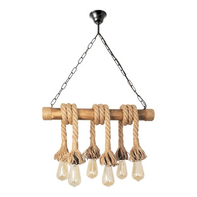 Lustra rustica fabricata manual cu 6 pendule din lemn si sfoara KOS