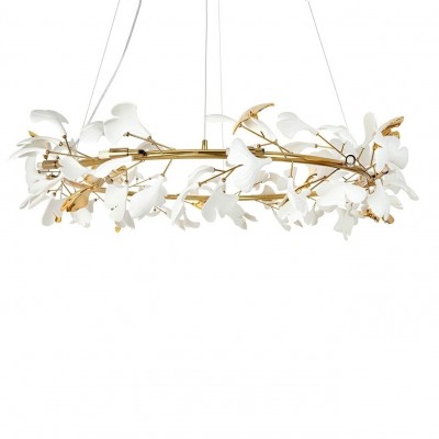 Lustra Suspendata, Metal Auriu, Petale Flori Albe Ceramice, FLORA 100