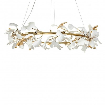 Lustra Suspendata, Metal Auriu, Petale Flori Albe Ceramice, FLORA 120