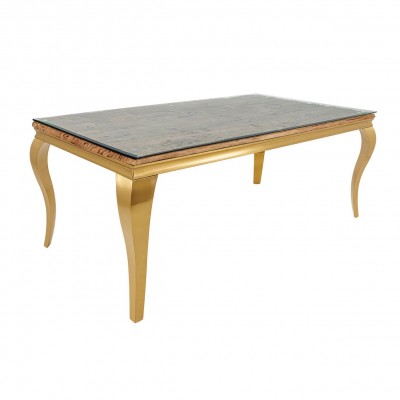 Masa dining, Lemn de Tec, Sticla, Otel Auriu, MODERN BAROCK BARRACUDA 200cm