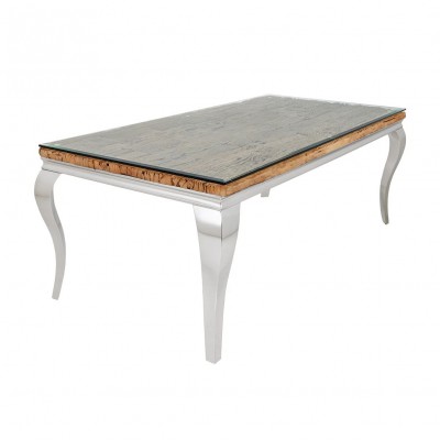 Masa dining, Lemn de Tec, Sticla, Otel Crom, MODERN BAROCK BARRACUDA 200cm