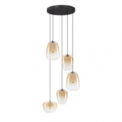 Lustra moderna cu 5 pendule LED, Metal, Sticla, Chihlimbar, OBLO