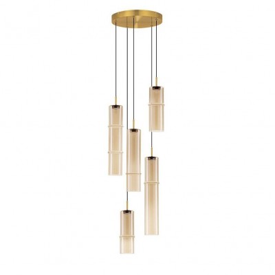 Lustra moderna cu 5 pendule LED, Metal, Sticla, Cognac, SANO